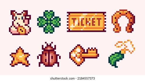 Lucky symbols pixel art set. Fortune charms collection. Golden ticket, key, Maneki Neko, horseshoe. 8 bit sprite. Game development, mobile app.  Isolated vector illustration.