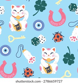 Lucky symbols seamless pattern. Protective elements, clover, dice, evil eye, cat paw. Stylish cartoon print for fabric, web page, wallpaper, racy vector background