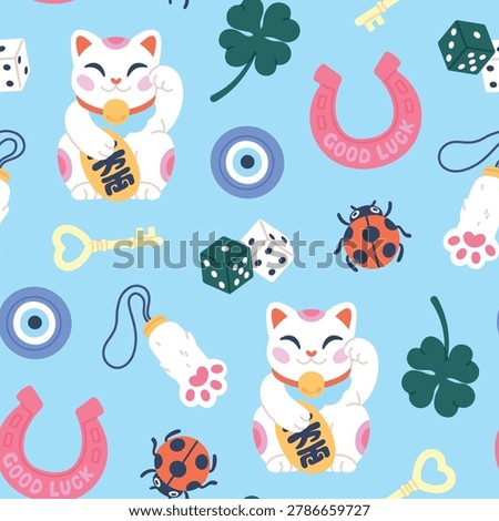 Lucky symbols seamless pattern. Protective elements, clover, dice, evil eye, cat paw. Stylish cartoon print for fabric, web page, wallpaper, racy vector background