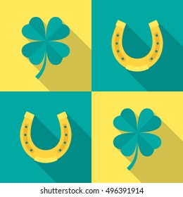 Lucky talisman. Horseshoe and four leaf clover icon with long shadow. Flat design style. Lucky talisman silhouette. Simple icon in stylish colors. Web site page and mobile app design vector element.