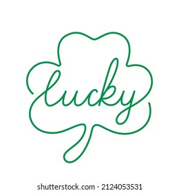 Lucky text in shamrock continuous line trendy style with editable stroke. Clover quote design for Irish holiday st. Patricks day vector illustration