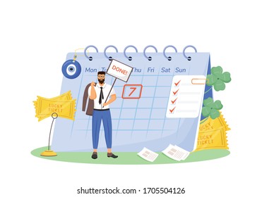 Lucky ticket flat concept vector illustration. Superstitious man, lottery winner 2D cartoon character for web design. Good luck talismans and fortunate signs, common superstitions creative idea