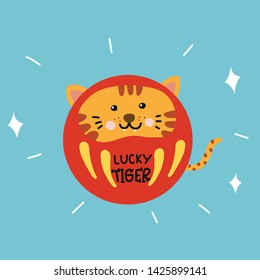 Lucky Tiger Daruma (Japanese lucky charm) cute cartoon vector illustration doodle style