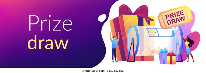 Lucky Tiny People Turning Raffle Drum With Tickets And Winning Prize Gift Boxes. Prize Draw, Online Random Draw, Promotional Marketing Concept. Header Or Footer Banner Template With Copy Space.