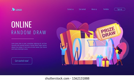 Lucky tiny people turning raffle drum with tickets and winning prize gift boxes. Prize draw, online random draw, promotional marketing concept. Website vibrant violet landing web page template.