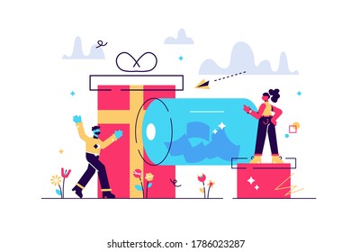 Lucky tiny people turning raffle drum with tickets and winning prize gift boxes. Prize draw, online random draw, promotional marketing concept. Bright vibrant violet vector isolated illustration