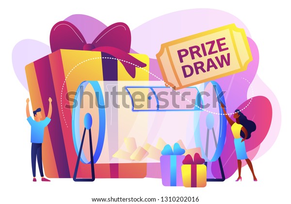 Lucky tiny people turning raffle drum with\
tickets and winning prize gift boxes. Prize draw, online random\
draw, promotional marketing concept. Bright vibrant violet vector\
isolated illustration