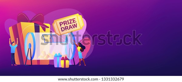 Lucky tiny people turning raffle drum with tickets\
and winning prize gift boxes. Prize draw, online random draw,\
promotional marketing concept. Header or footer banner template\
with copy space.