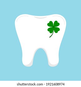Lucky tooth with clover icon isolated. Dental molar tooth sign with four leaves clover - ggod luck symbol. Flat design cartoon vector logo illustration.