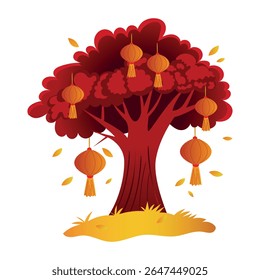 Árvore da sorte decorada com lanternas de papel, ilustração de estilo plano