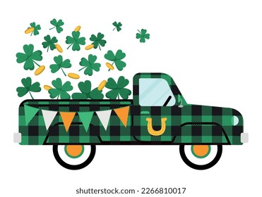 Lucky Truck with green shamrocks for St. Patrick's day. Patrick's day holiday template design for banner, poster, flyer, and postcard. Isolated on white background.