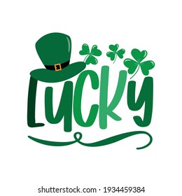 Lucky - Typography, with hat and clover leaf for St.Patrick's Day.