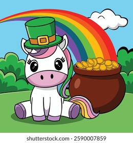 Lucky Unicorn with Gold Treasure,Rainbow Unicorn and Pot Gold,St. Patrick's Unicorn Luck Magic,Cute Unicorn Under Rainbow Charm.