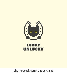 Lucky unlucky logo design template with black cat and horseshoe. Vector illustration.