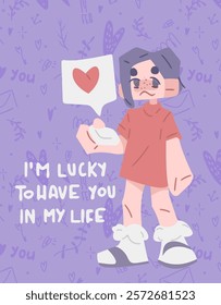 Lucky Valentine Cartoon. Quirky cartoon figure with a heart speech bubble on a pastel purple background. “I’m lucky to have you in my life” – perfect for heartfelt Valentine’s designs.