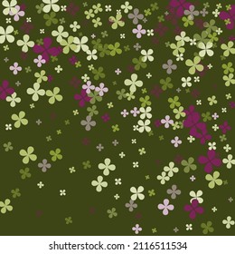 Lucky Vibrant Summer Green Nature Picture. Clovers Pastel Greenery Vivid Bright Splatter. Fourtune Spring Purple Flowers Illustration. Simple Saint Patrick Floral Holidays Dark Background.