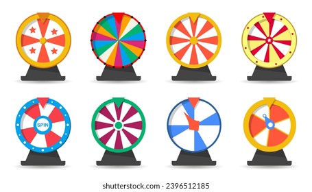 Lucky wheel collection in cartoon style for casino. Fortune wheels icons. Roulette, wheel of fortune in a flat design. Wheels gaming, spin lucky wheel isolated