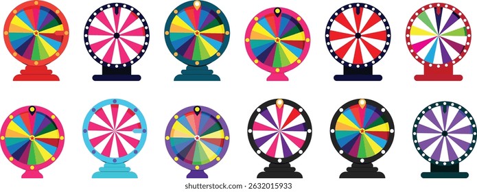 Lucky wheel collection in cartoon style for casino. Fortune wheels icons.