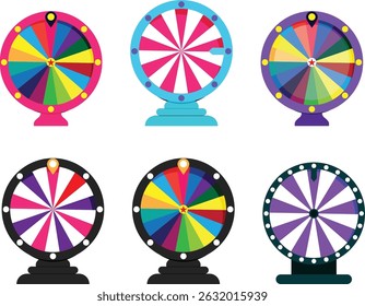Lucky wheel collection in cartoon style for casino. Fortune wheels icons.