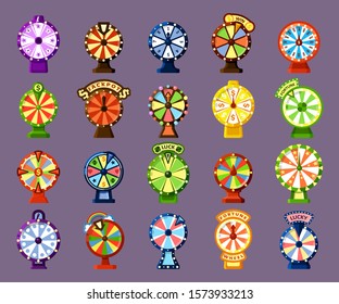 Lucky Wheels Flat Vector Color Icons Set. Fortune Roulettes Collection. Jackpot Spin Win Slots. Gambling, Game Of Chance. Casino Lottery, Fortune Wheel Isolated Cartoon Illustrations