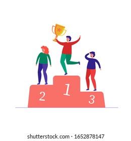 Lucky winner on a podium with a Cup. People in second and third place are upset. Victory at any cost. The concept of success, leadership, and perfectionism. The people below feel like losers. Vector.
