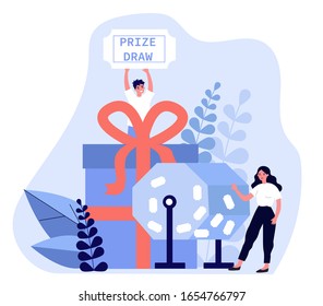 Lucky Winners Turning Raffle Drum And Getting Prize Gift Boxes. People Winning Prize Draw. Vector Illustration For Lottery, Luck, Fortune, Gambling Concept