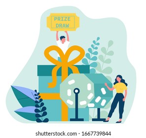 Lucky winners turning raffle drum and getting prize gift boxes. People winning prize draw. Vector illustration for lottery, luck, fortune, gambling concept