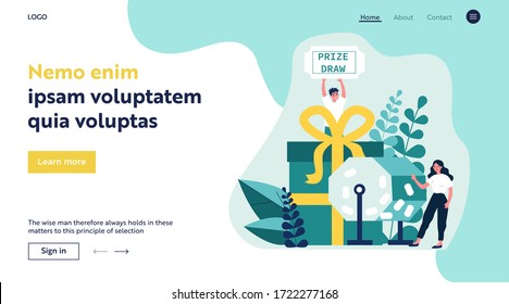 Lucky Winners Turning Raffle Drum And Getting Prize Gift Boxes. People Winning Prize Draw. Vector Illustration For Lottery, Luck, Fortune, Gambling Concept