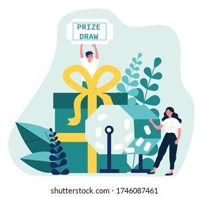 Lucky winners turning raffle drum and getting prize gift boxes. People winning prize draw. Vector illustration for lottery, luck, fortune, gambling concept