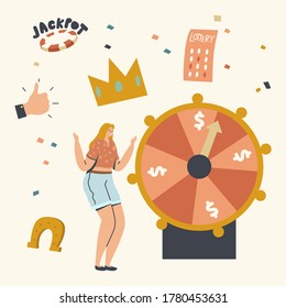 Lucky Woman Character Win Jackpot on Fortune Wheel in Casino or Gaming House. Happy woman Player Rejoice with Hands Up. Las Vegas Nightlife Business Industry, TV Show. Linear Vector Illustration