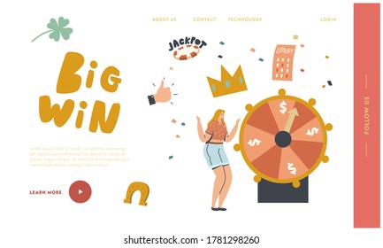 Lucky Woman Character Win Jackpot Landing Page Template. Fortune Wheel Casino Or Gaming House. Happy Girl Player Rejoice, Las Vegas Nightlife Business Industry, TV Show. Linear Vector Illustration