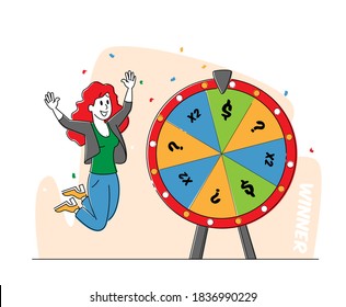 Lucky Woman Character Win Jackpot, Bingo Lottery On Fortune Wheel In Casino Or Gaming House. Happy Girl Player Rejoice With Hands Up. Vegas Nightlife, TV Show Draw Raffle. Linear Vector Illustration