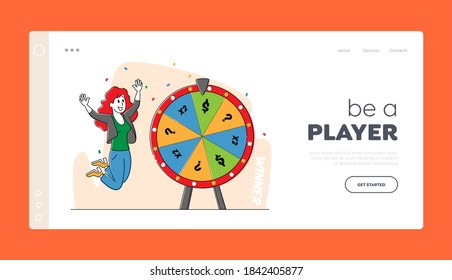 Lucky Woman Character Win Jackpot Landing Page Template. Bingo Lottery, Fortune Wheel in Casino, Gaming House. Happy Girl Player Rejoice with Hands Up. TV Show Draw Raffle. Linear Vector Illustration