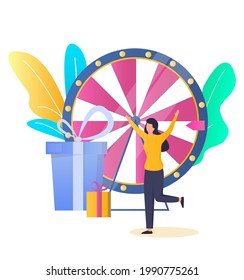 Lucky Woman, Fortune Wheel Game Winner Getting Prize, Flat Vector Illustration. Tv Game Show, Casino And Gambling Concept.