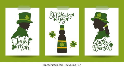 Lucky woman and girl man in a hat card set. Beer poster st Patricks day event greeting calligraphy silhouette