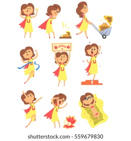 Lucky Woman Having Good Luck And Sudden Stroke Of Fortune Series Of Comic Vector Illustrations