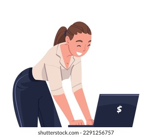 Lucky Woman Smiling Celebrating Success and Victory Standing in Front of Laptop Vector Illustration