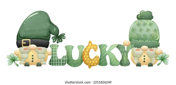 Glückliches Wort mit Gnomes in Saint Patrick's Day Theme Wasserfarbe Video Clipart Grafik 01