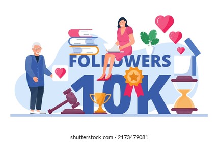 Lucky You, Followers Concept Vector Illustration. Heart, Likes In Social Net. Increase Follower. 10 K, Hourglass, Books Are Shown.