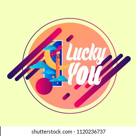 lucky you, vector beautiful greeting card or label with crescent moon theme.
