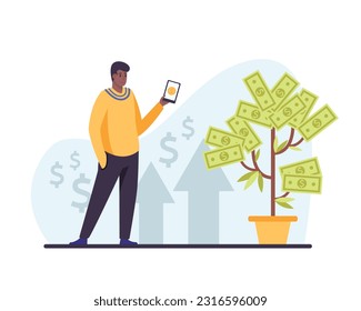 Lucrative online business. Internet earnings. Black guy with mobile phone in hand standing in front of tree with dollar banknotes. Flat vector illustration