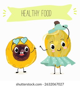 lucuma fruit cute funny cheerful characters with different poses and emotions. Vector hand drawnvector illistration.