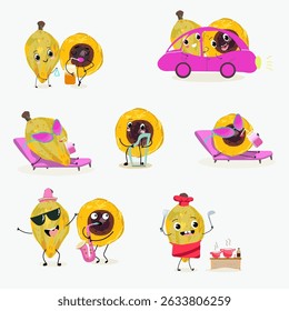 lucuma fruit cute funny cheerful characters with different poses and emotions. Vector hand drawnvector illistration.