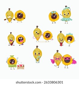 lucuma fruit cute funny cheerful characters with different poses and emotions. Vector hand drawnvector illistration.