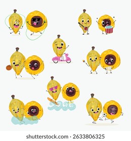 lucuma fruta bonito engraçado personagens alegres com poses diferentes e emoções. Desenho de vetor com a mão iliteração vetorial.