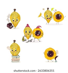 lucuma fruit cute funny cheerful characters with different poses and emotions. Vector hand drawnvector illistration.
