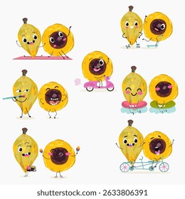 lucuma fruit cute funny cheerful characters with different poses and emotions. Vector hand drawnvector illistration.