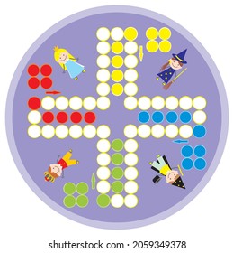 ludo, board game for four gamester, fairy tale characters, circle frame, vector illustration