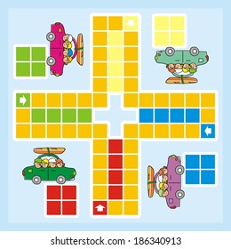 ludo, board game, kids at car, vector illustration