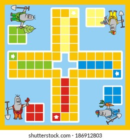 ludo, leisure activity, mole with tool, vector illustration